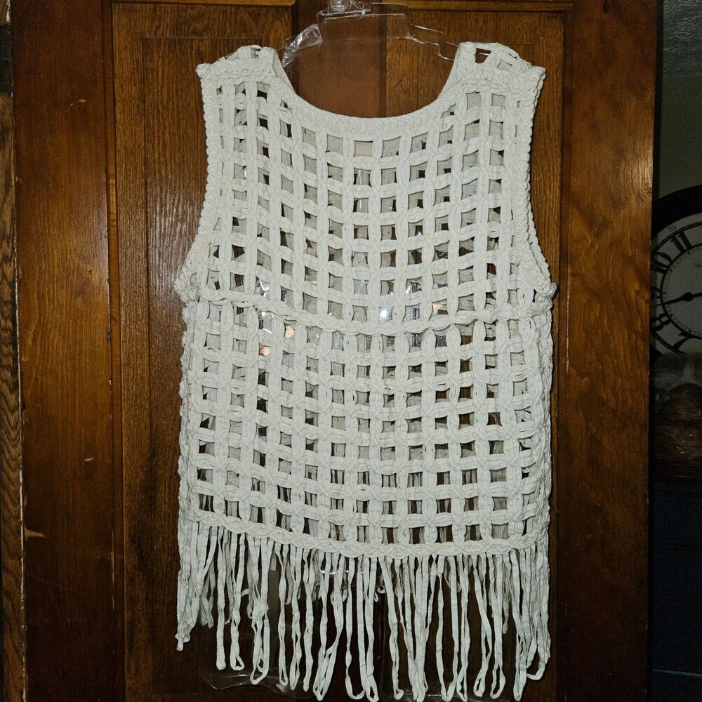 Adora Cream‎ White Crochet Fringe Fishnet Weave Top  Womens Large boho festival